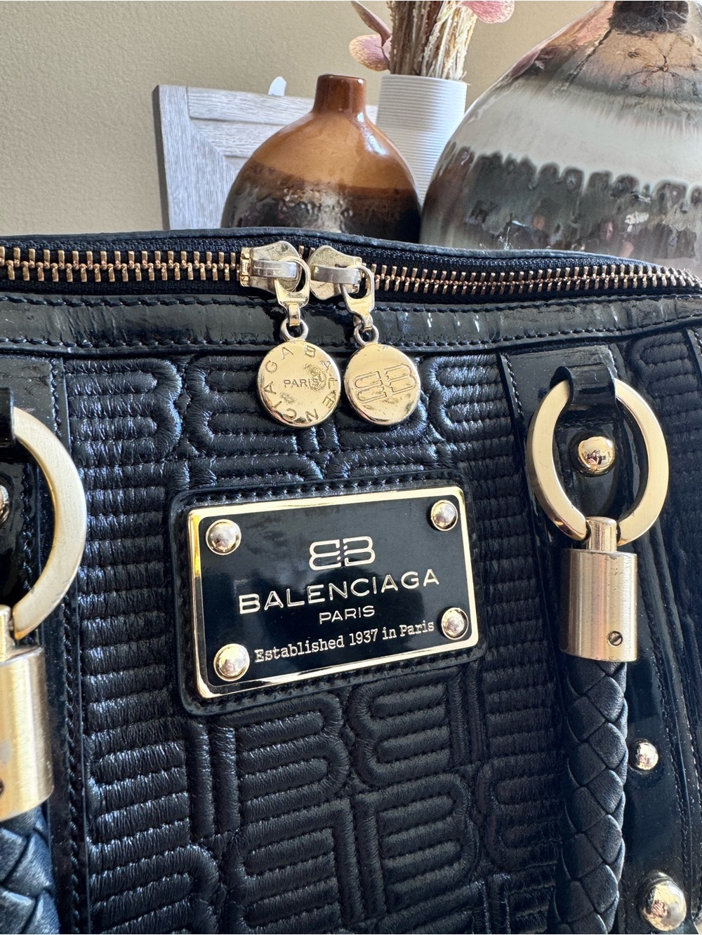 Vintage Balenciaga Black Quilted Patent Leather Satchel with Gold Hardware - Picture 2 of 9